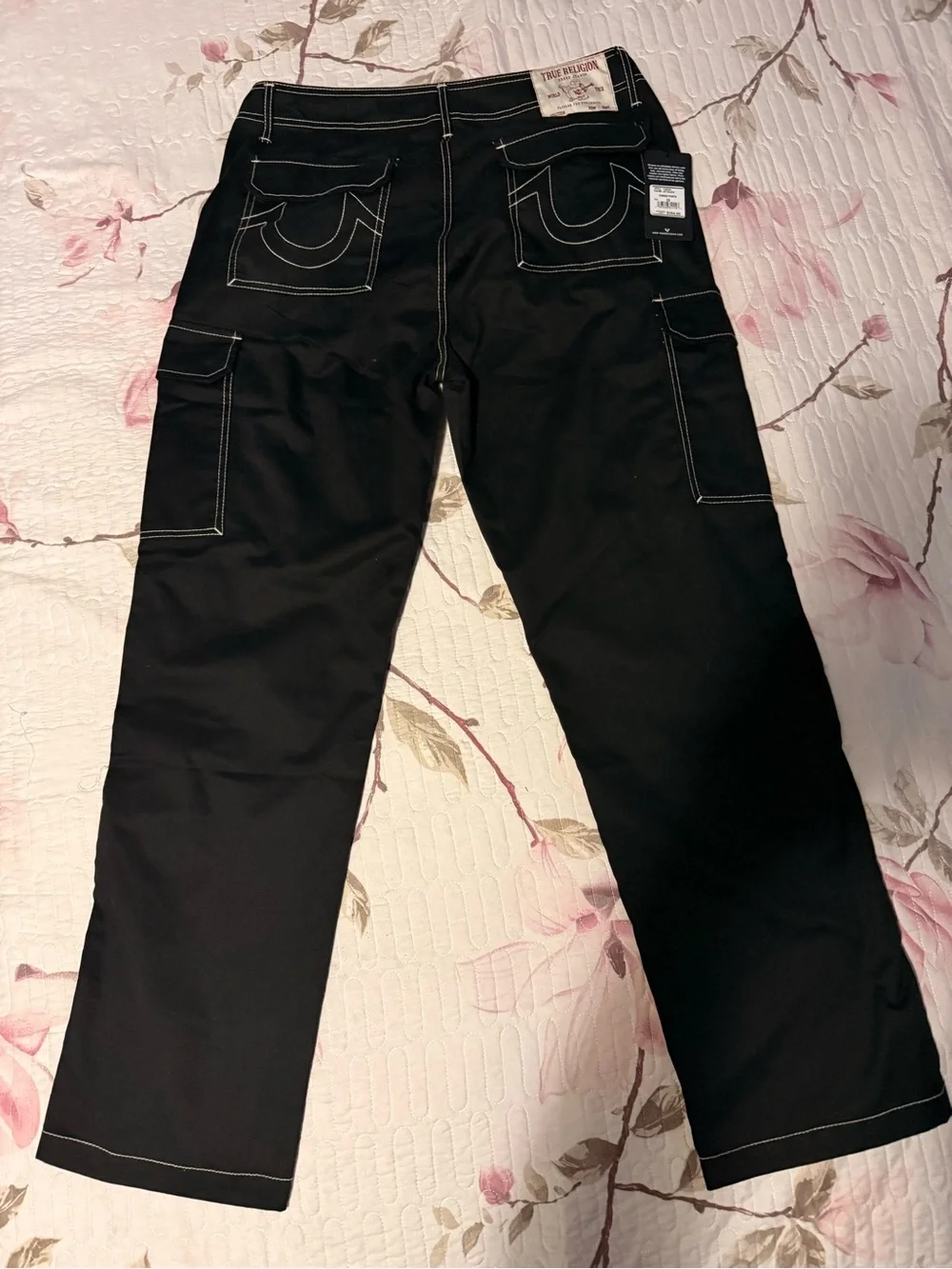 True Religion Black Jeans with White Contrast Stitching and Label Detailing